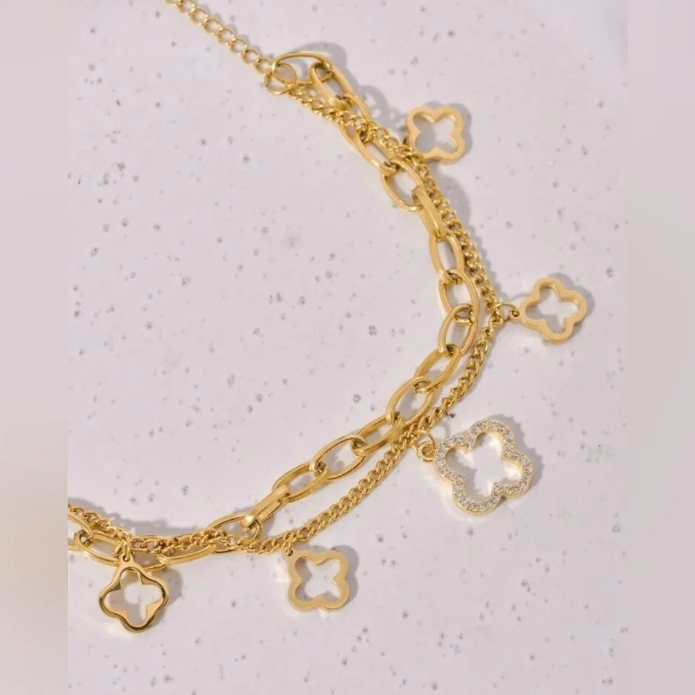Elegant Gold Bracelet with Motif Flower Charms Double Chain